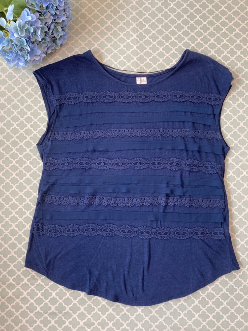 LC Lauren Conrad Navy Crochet Chiffon Stripe Blouse L